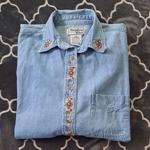 Rainbow West Vintage Light Blue Denim Shirt with Floral Embroidery Size M